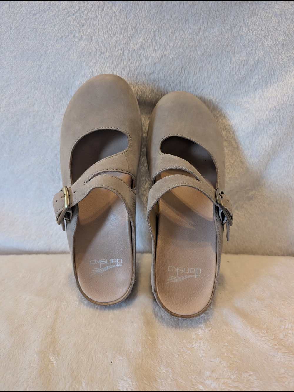 Dansko Taupe Suede Mary Jane Clogs with Buckle Strap